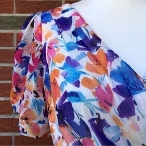 ☀️ DKNY Donna Karan New York Floral Faux Wrap White Pink Short Sleeve Dress